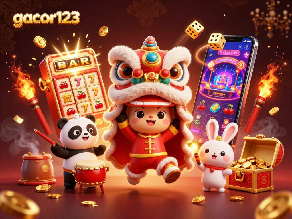 Experience thrilling gameplay with gacor123's vibrant slot explosion, drumming panda, and dancing lion.