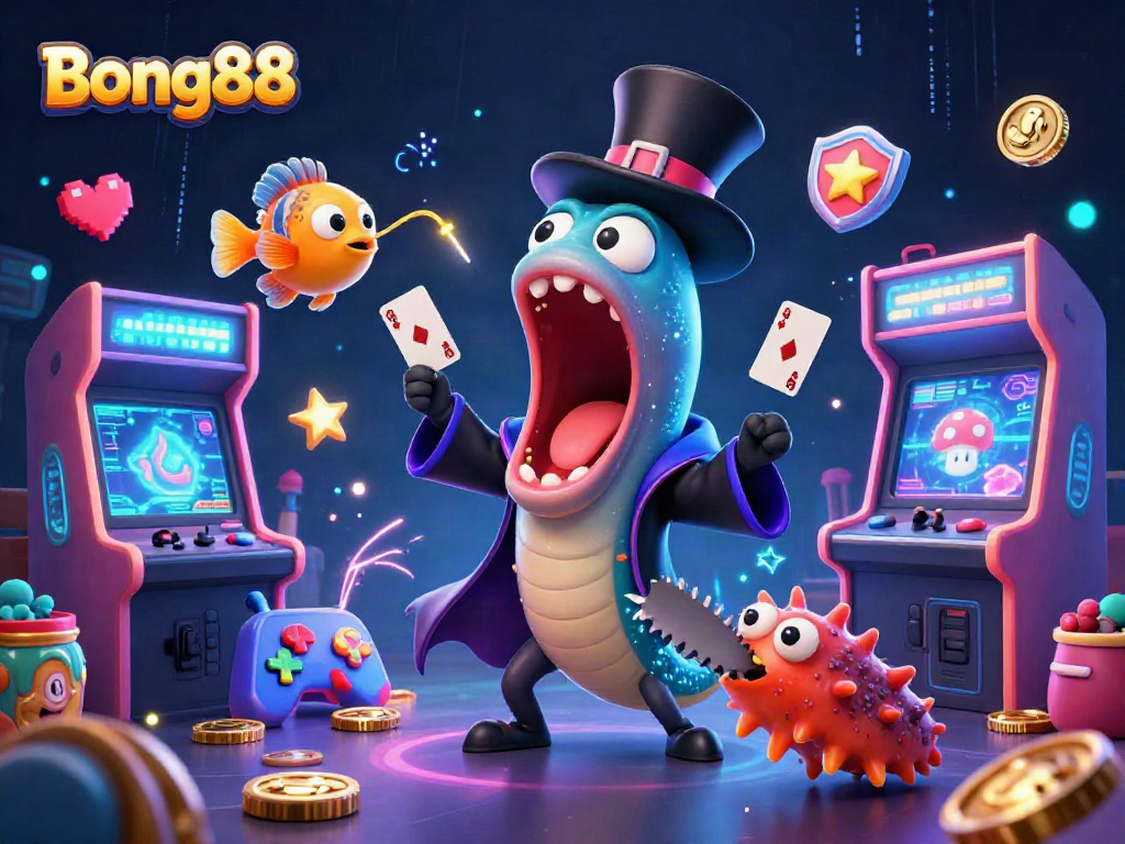 Bong88 reveals magical card tricks with a deep-sea eel amidst vibrant gaming elements.