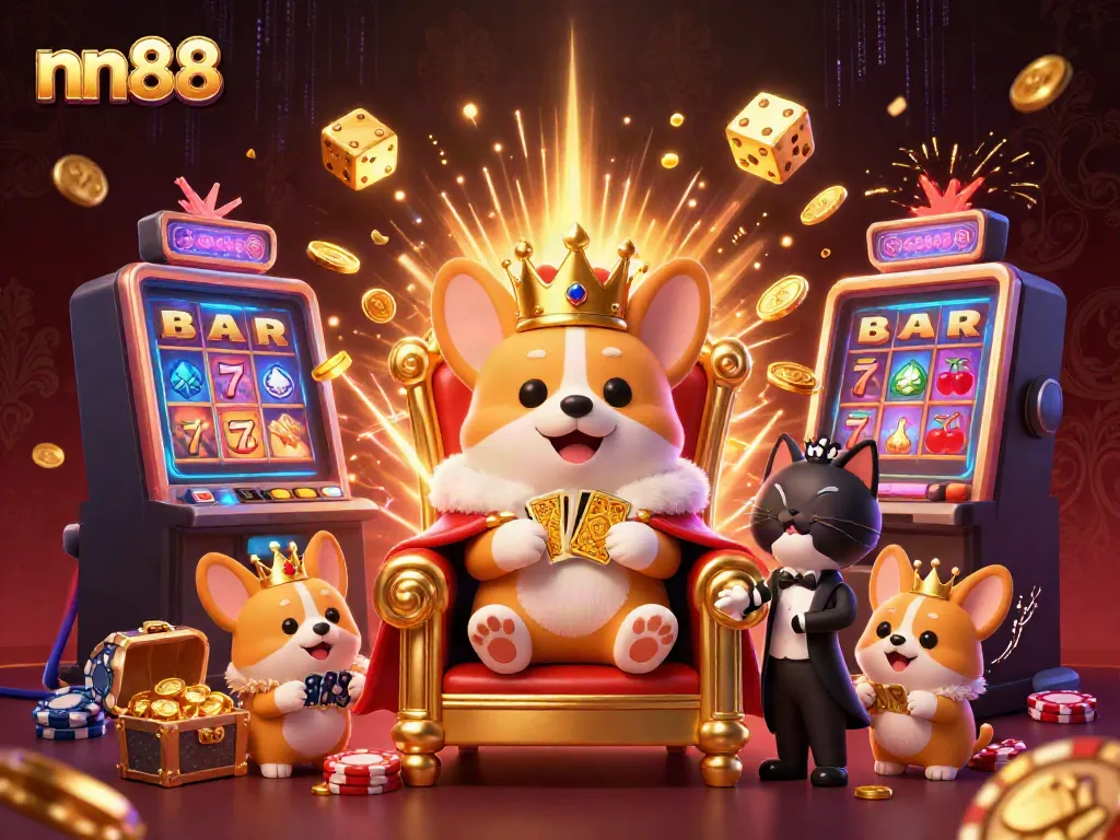 Spin to win at nn88 with a royal corgi and dazzling casino elements bursting with excitement.