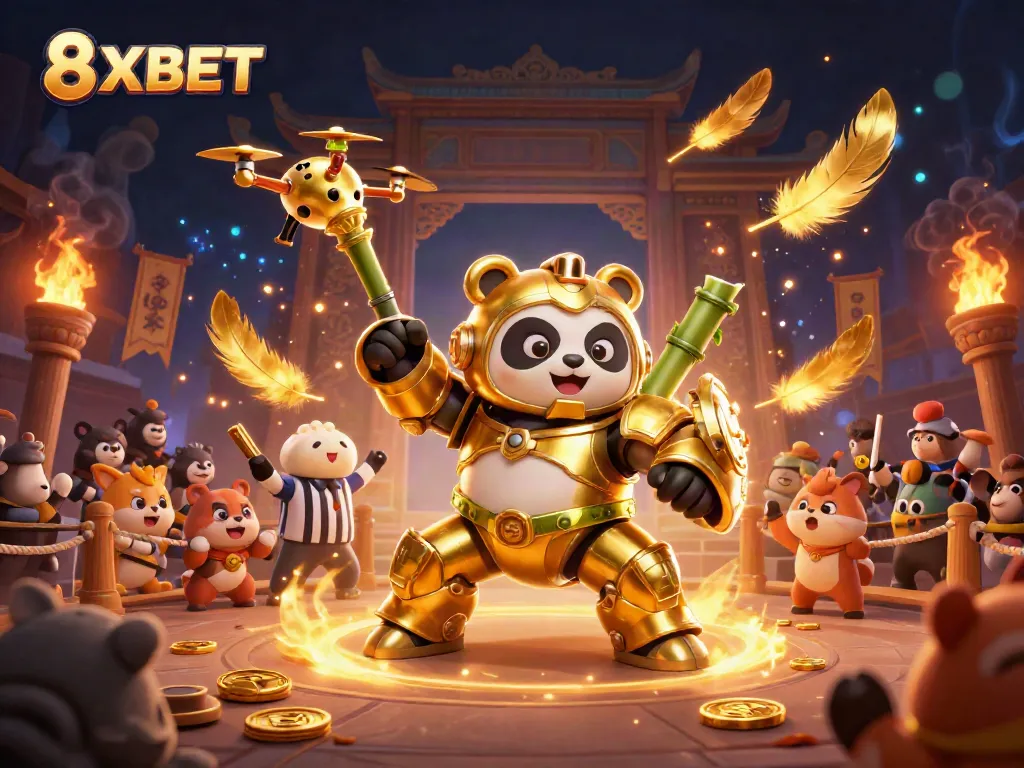Engage in thrilling betting action with 8XBET featuring a mech-suit panda in vibrant casino arena.