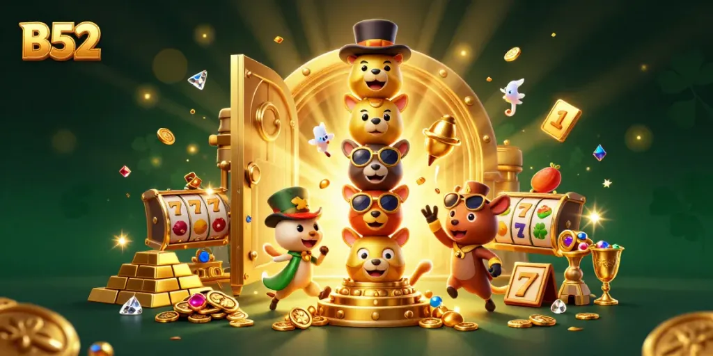 B52 jackpot slot scene featuring vibrant golden treasures and colorful game elements, perfect for casino excitement.
