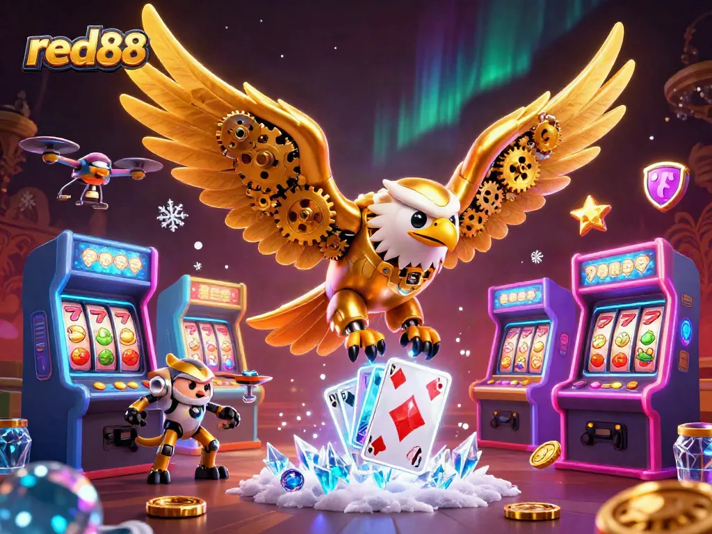 Experience the thrill of red88 with the cybernetic golden eagle diving through holographic cards in this vibrant casino scene.