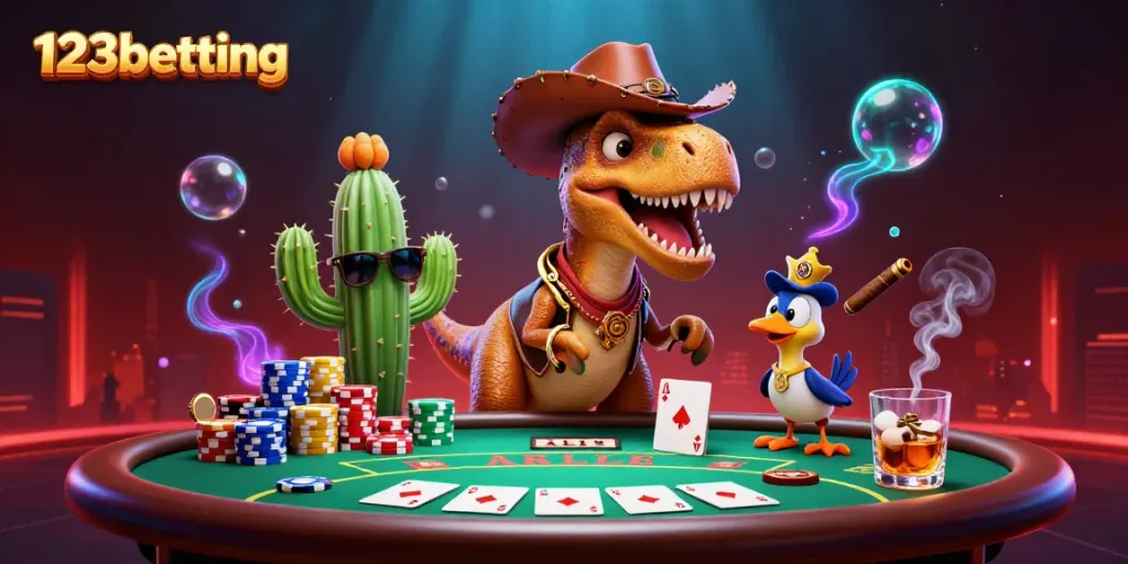 Join the thrilling world of 123betting with a dynamic poker showdown featuring vibrant characters.