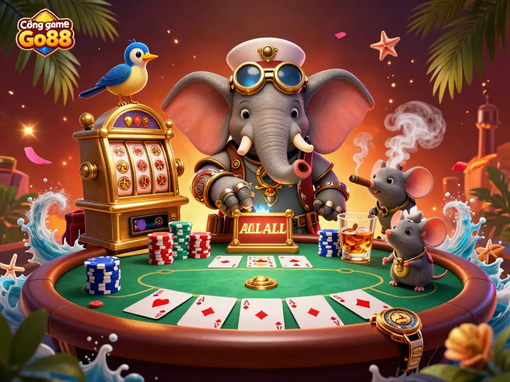 Experience the excitement of Cổng game Go88 with a dynamic steampunk scene featuring animated characters and vibrant gambling elements.
