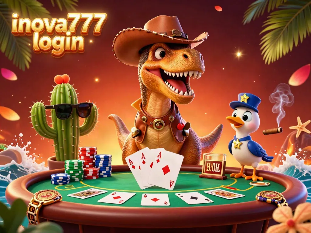 Engage with inova777 login at a vibrant poker table featuring a T-Rex, cactus, and roadrunner in a lively casino scene.