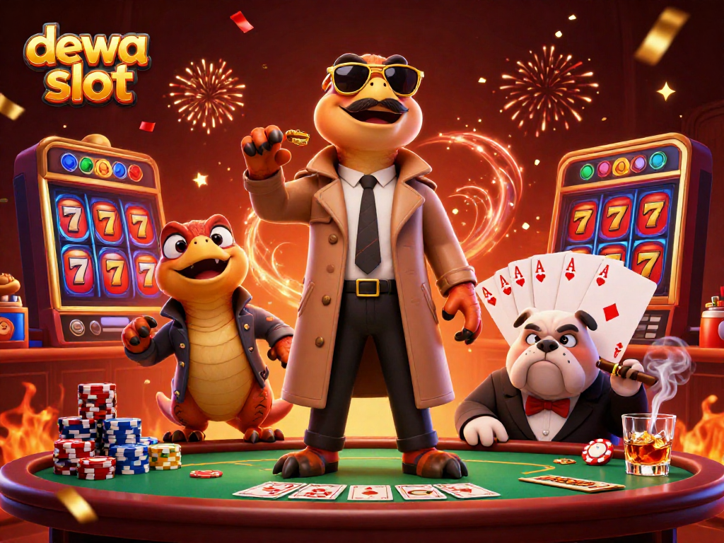 Engage in thrilling action with dewa slot featuring three raptors in a trench coat at a vibrant casino entry.