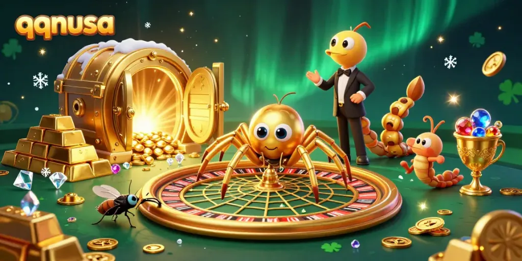 Engage in thrilling bets at qqnusa's roulette wheel with a golden spider and centipede croupier.