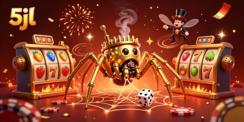 Engaging scene with the 5jl steampunk spider and characters amidst a colorful casino atmosphere, capturing winning slots.