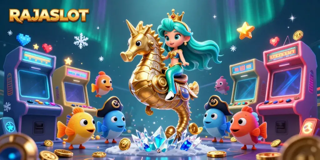 RAJASLOT menghadirkan pengalaman slot88 yang seru dengan ilustrasi putri duyung dan kuda laut emas.