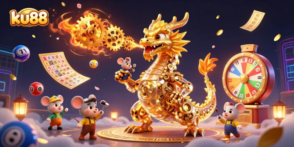 Experience exciting games at ku88, featuring a golden dragon and vibrant lottery elements.