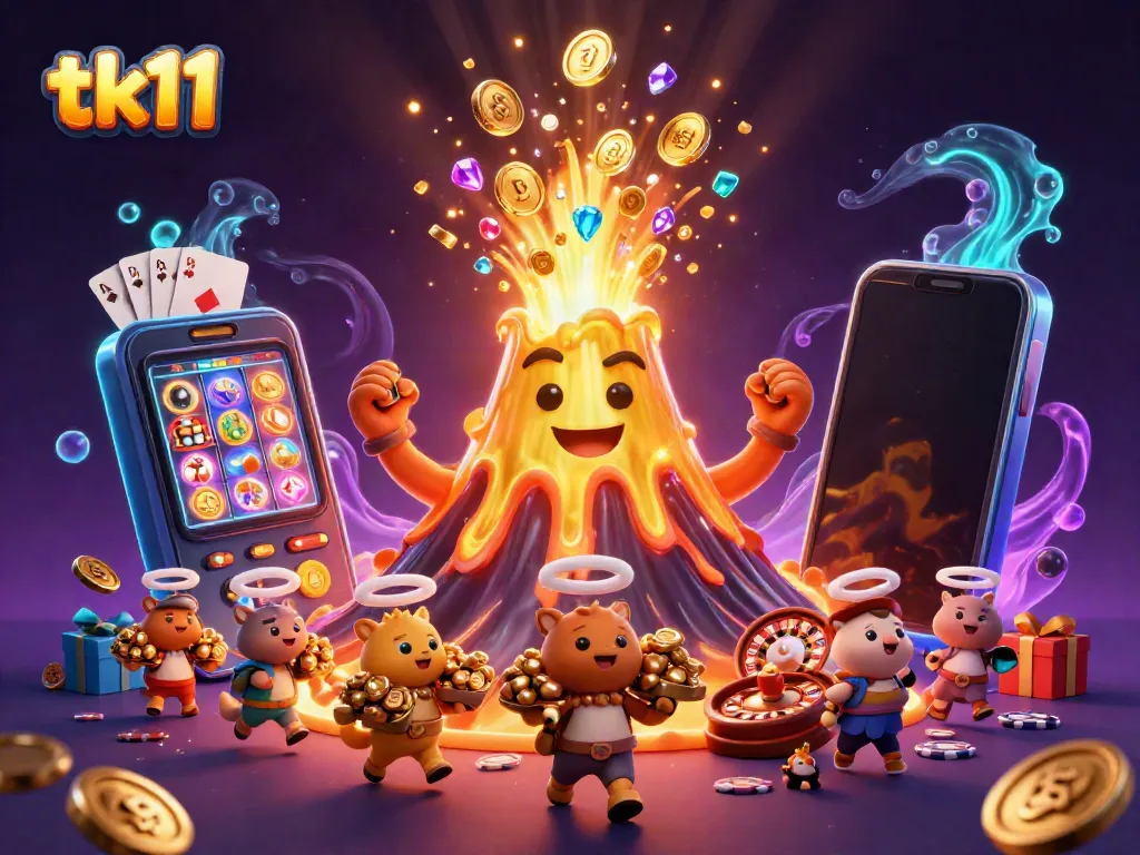 Engage in thrilling adventures with tk11, as a volcano bursts coins and treasures in a dynamic casino scene.