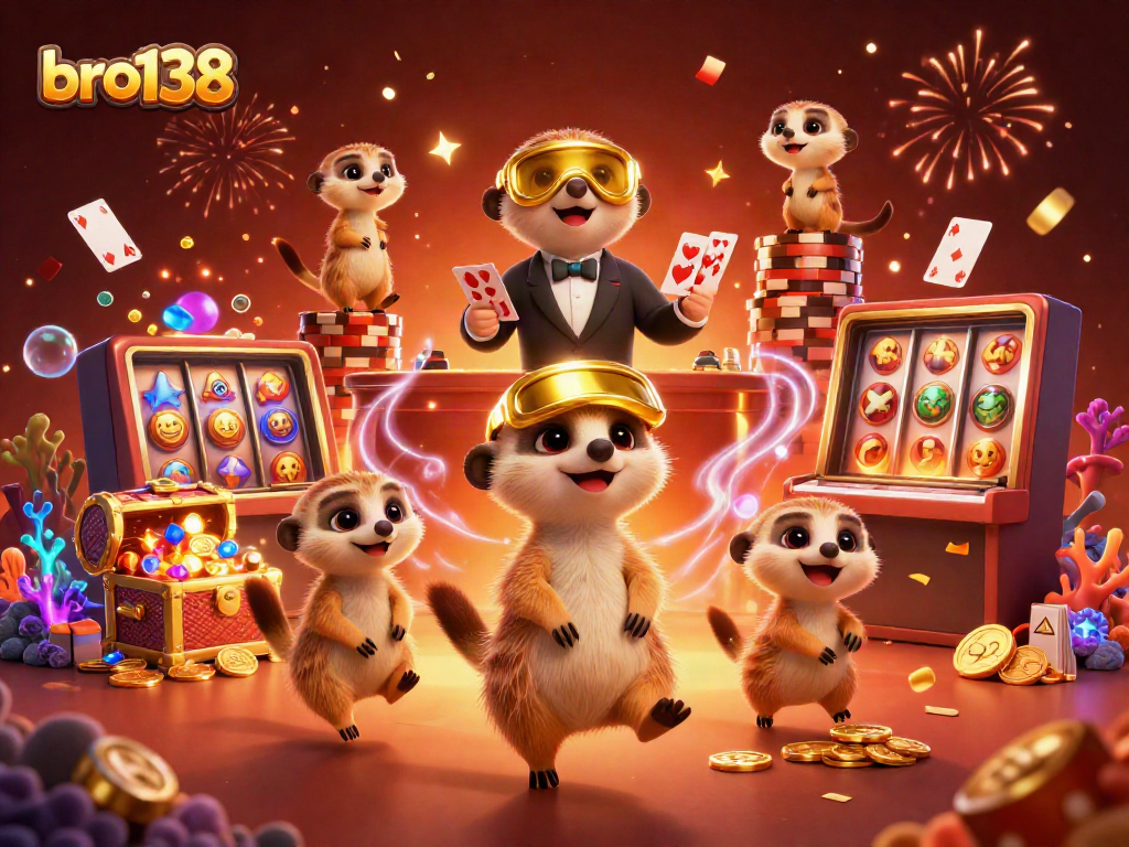 Experience big wins at bro138 with this vibrant casino scene featuring meerkats managing games and jackpots.