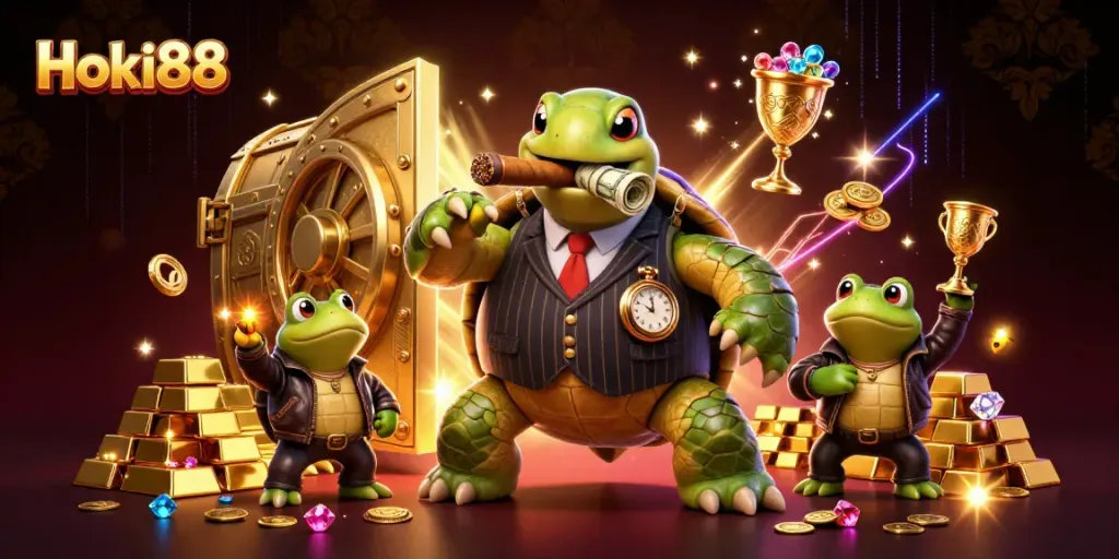 Hoki88 slot online menampilkan penyu dalam jas vintage dikelilingi harta karun dan simbol permainan.