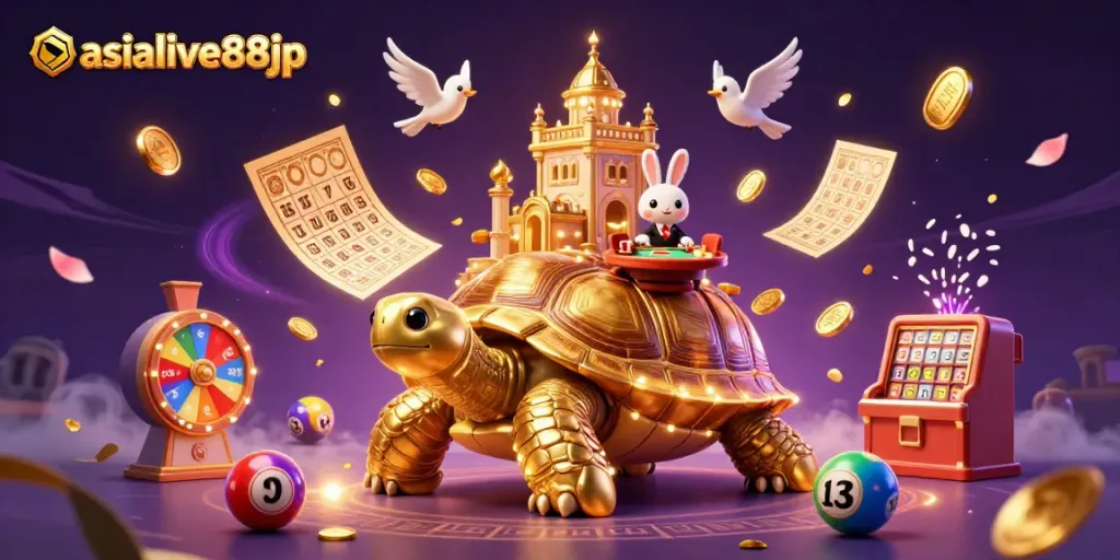 Experience the vibrant gaming world of asialive88jp with a golden tortoise casino illustration filled with lottery excitement.