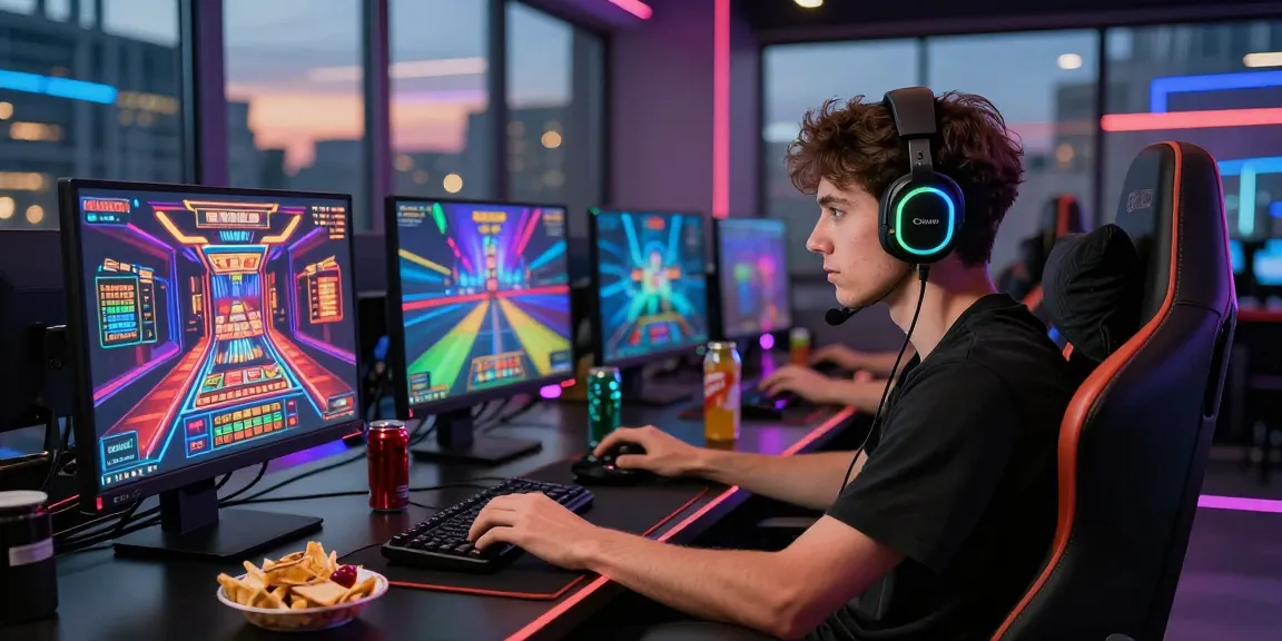 Pengalaman bermain game online yang mewah dengan luxury111, gamer fokus pada layar penuh warna dan atmosfer yang futuristik.
