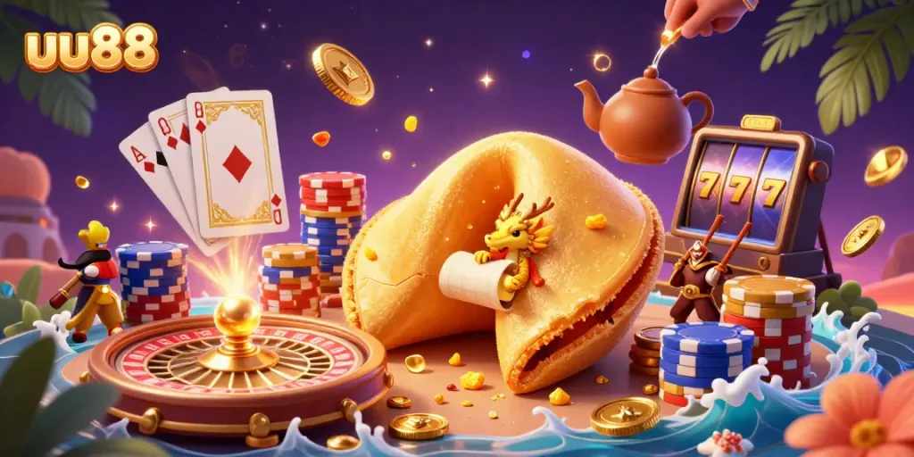 Experience thrilling online gaming at uu88 with a giant golden fortune cookie and magical elements.