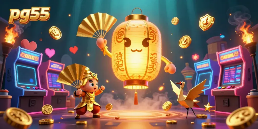 Experience thrilling gameplay with pg55 in this captivating casino scene featuring golden lanterns and vibrant game elements.