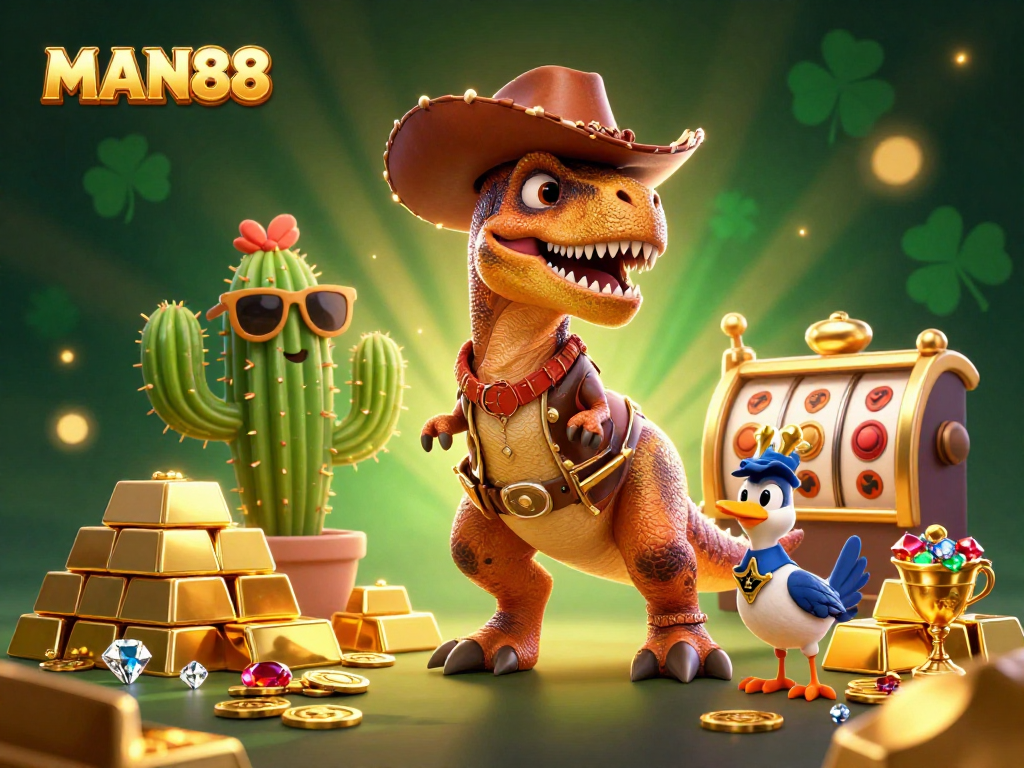 Experience thrilling wins with MAN88 featuring a cowboy dinosaur and dazzling treasures.