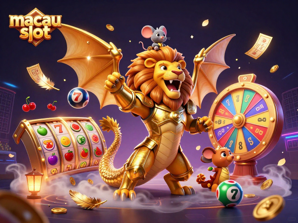 Menangkan permainan slot di macau slot dengan simbol beruntung dan bola lotere berwarna-warni yang menarik.