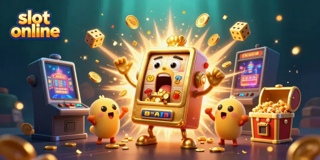 Experience the thrill of slot online games with a lively scene of vibrant slot machines and a jackpot explosion.