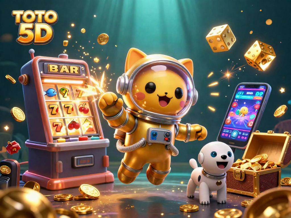 Engage in TOTO 5D excitement with a vibrant scene of cartoon characters amidst rich jackpot elements.