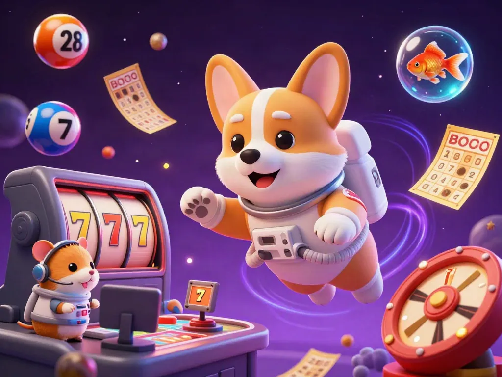 Ilustrasi 3D situs gwp168 dengan astronot anjing corgi dan elemen permainan mengapung.