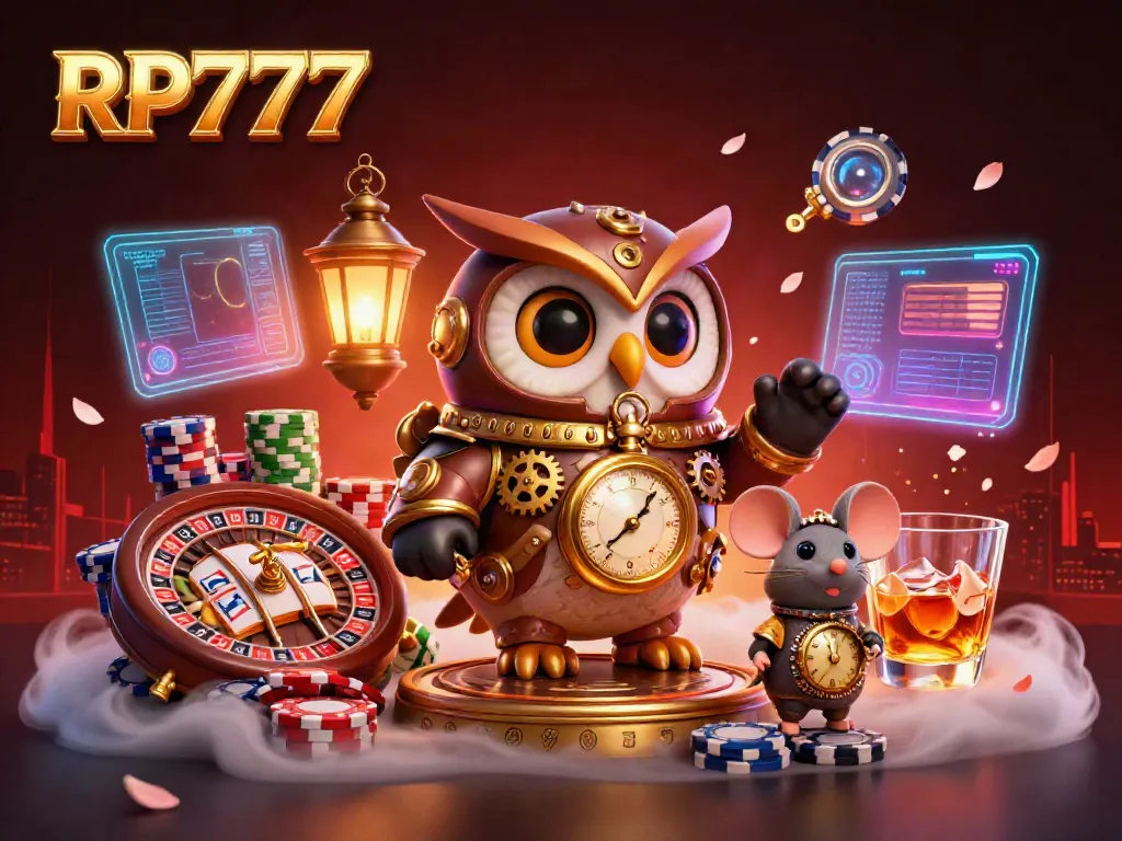 Experience the thrill of RP777 with a dynamic casino scene featuring an owl and mouse amidst vibrant gaming elements.
