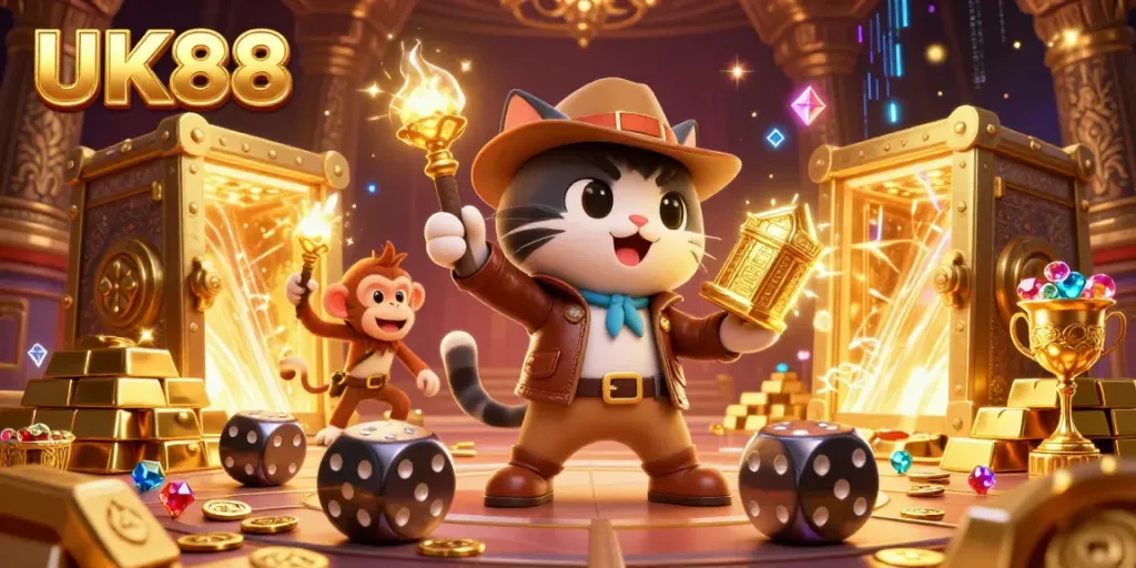 Experience thrilling wins at UK88 with an adventurous explorer and treasures in a dynamic casino scene.