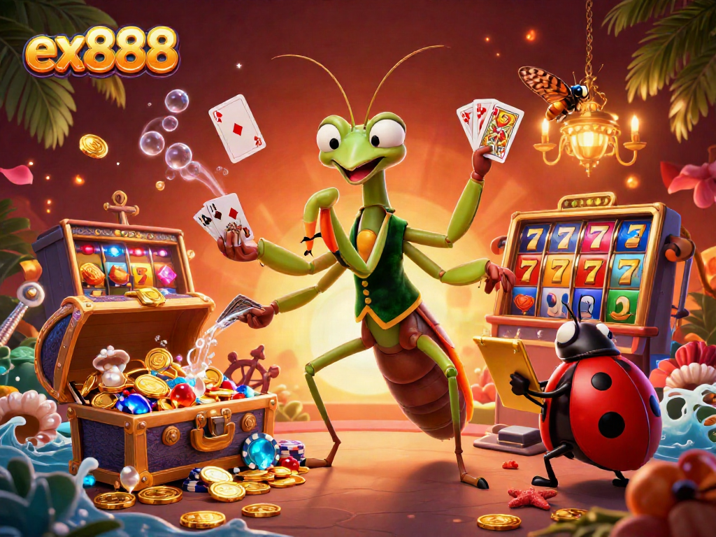 Join the excitement of ex888 by enjoying card games with vibrant 3D characters in a casino environment.