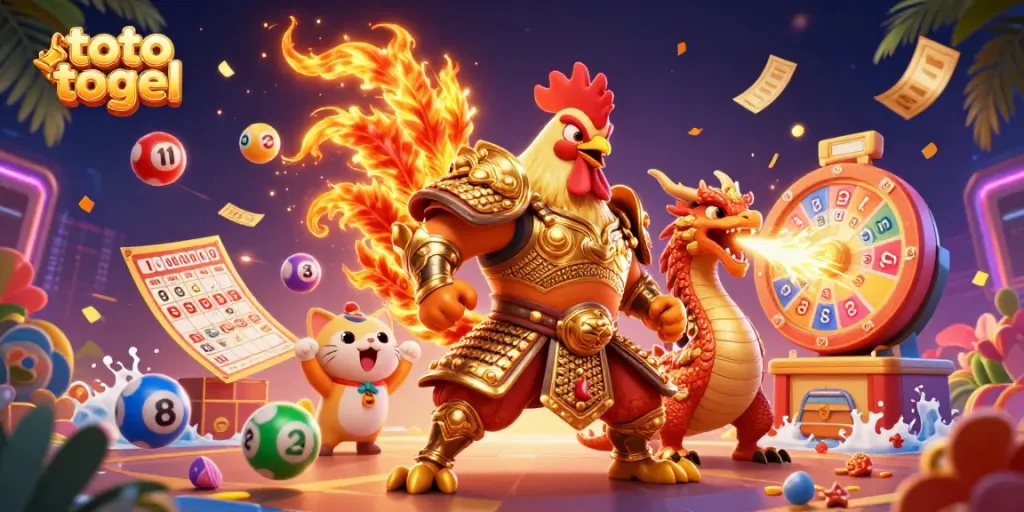 Join the thrilling toto togel adventure with vibrant lottery elements and a fierce rooster warrior.