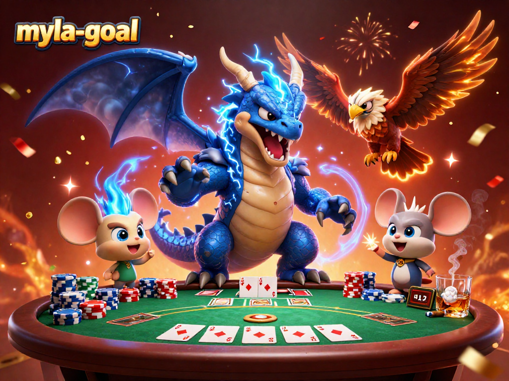 Experience the thrill of myla-goal with vibrant 3D characters and poker elements in a captivating casino scene.