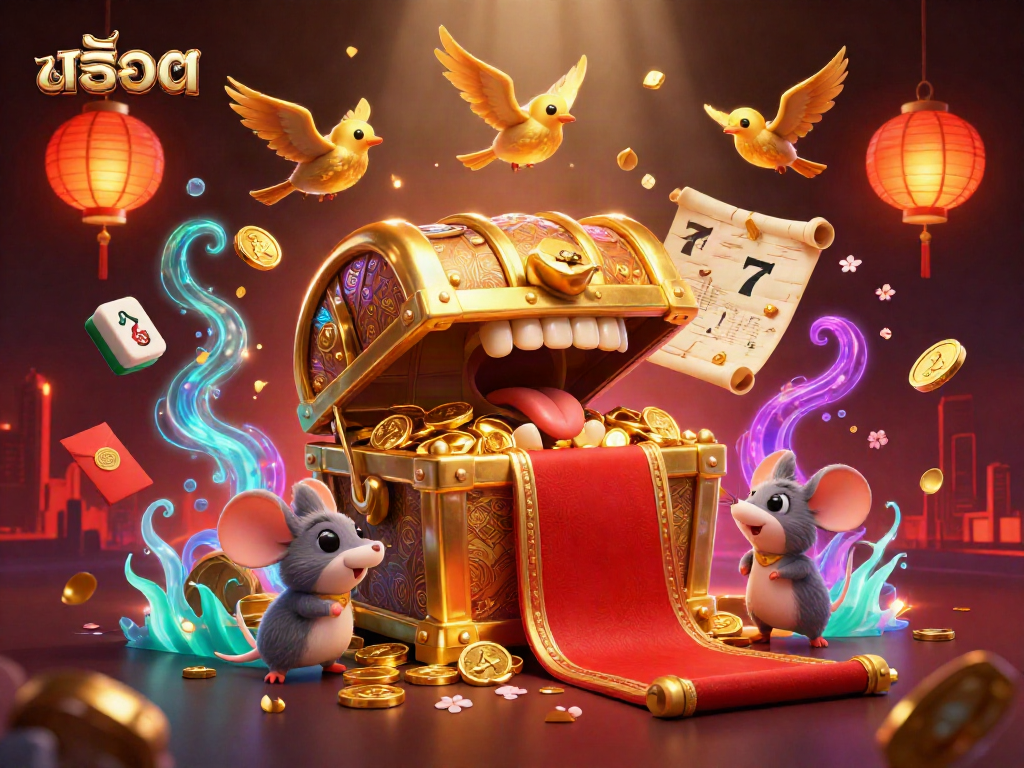 Engage in the excitement of สล็อต with an illustration of a treasure-filled casino scene.