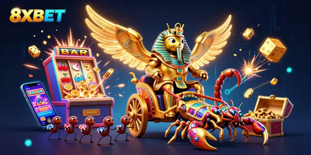 Experience the thrill of 8XBET with a vibrant casino scene featuring jackpot symbols and dynamic characters.