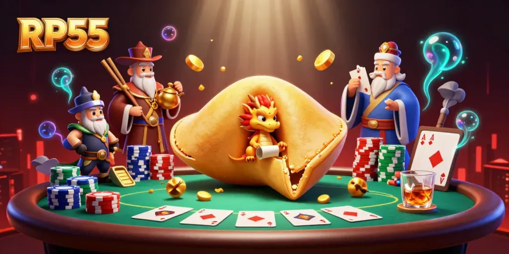 Engage with RP55's vibrant casino scene, featuring golden fortune cookies, poker elements, and dynamic characters.