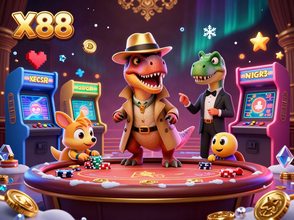 X88 velociraptor card counter blends in at a blackjack table with arcade machines around.