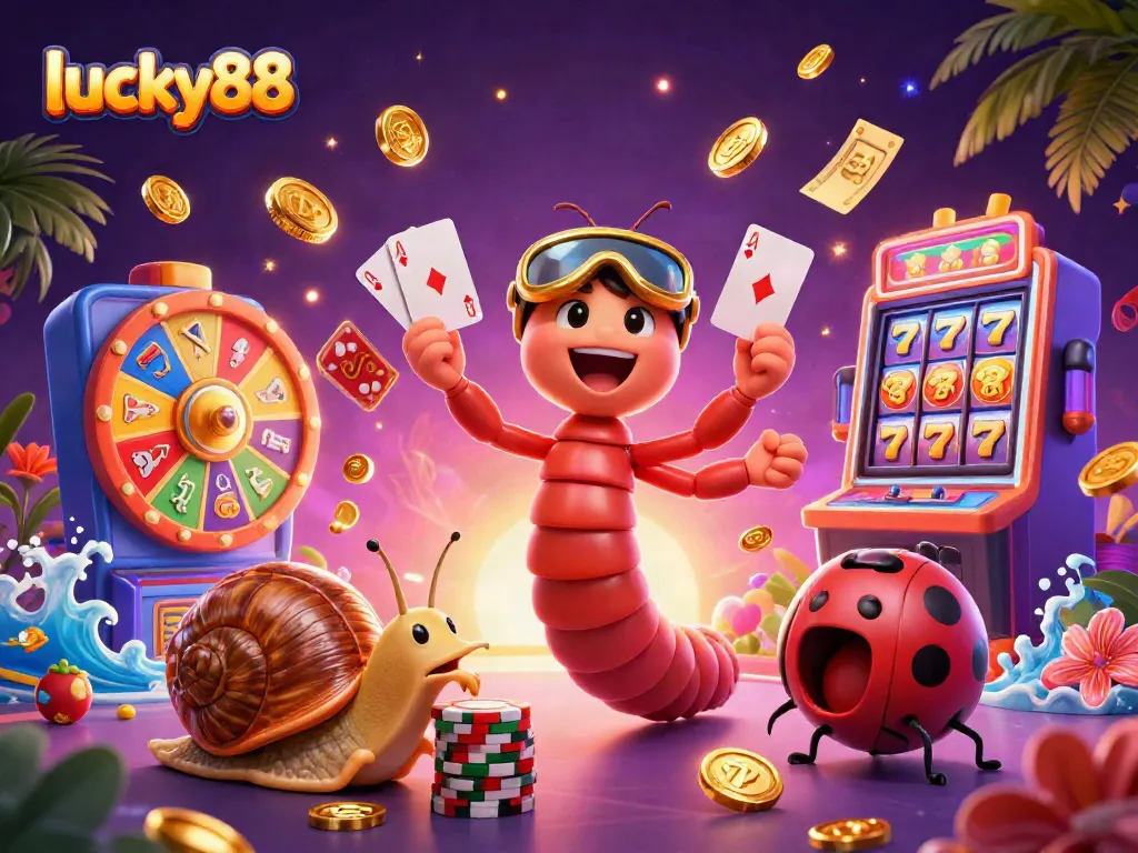 Engage in the excitement of slots with lucky88 as cartoon characters celebrate vibrant jackpots and spinning reels.