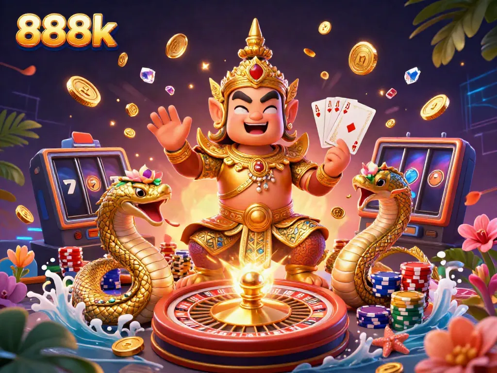 Experience the excitement of 888k with dynamic characters and casino elements in a vibrant gambling illustration.