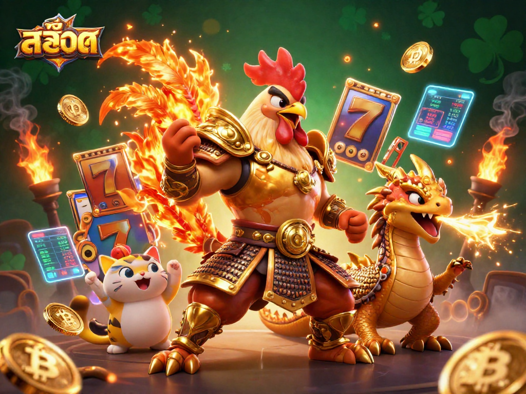 Experience exciting สล็อต gameplay with a powerful cartoon rooster and a dragon, surrounded by vibrant casino elements.