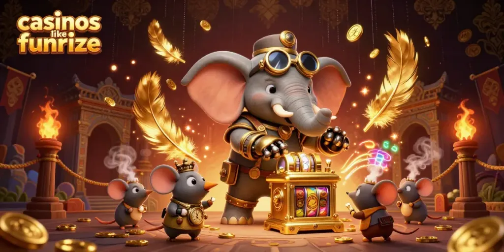 Engage in thrilling gameplay at casinos like funrize with a steampunk elephant spinning a golden slot machine.