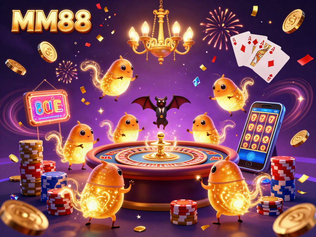 Experience the vibrant casino atmosphere of MM88 with glowworms illuminating the scene, showcasing excitement.