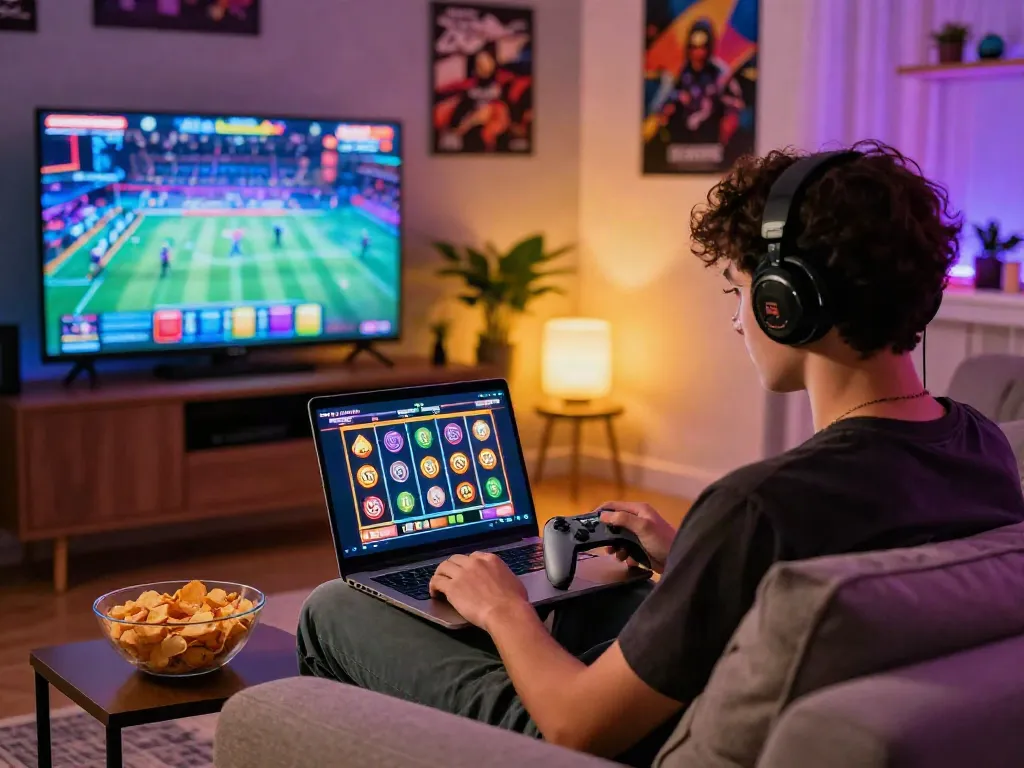 Engaging online slot gaming scene with colorful reels displayed on a laptop.