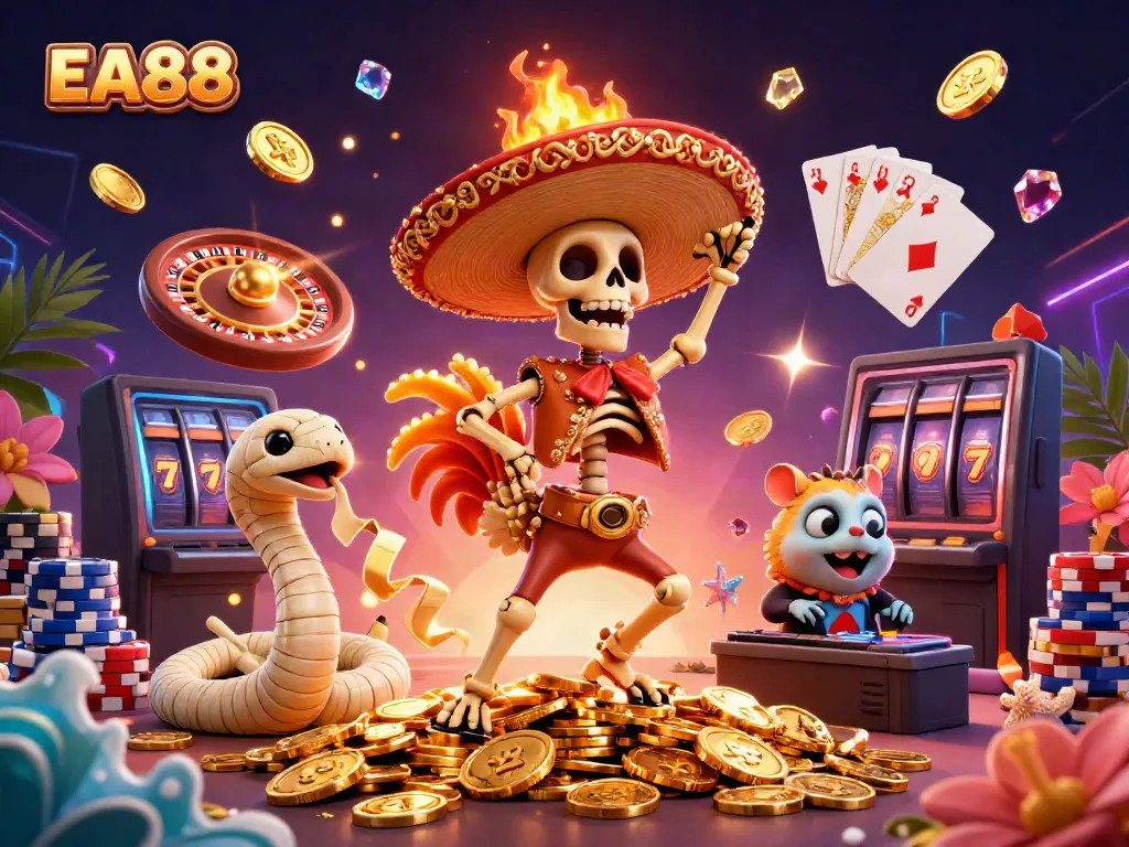 Experience the excitement of EA88 with a lively 3D casino scene featuring unique characters in joyful celebration.