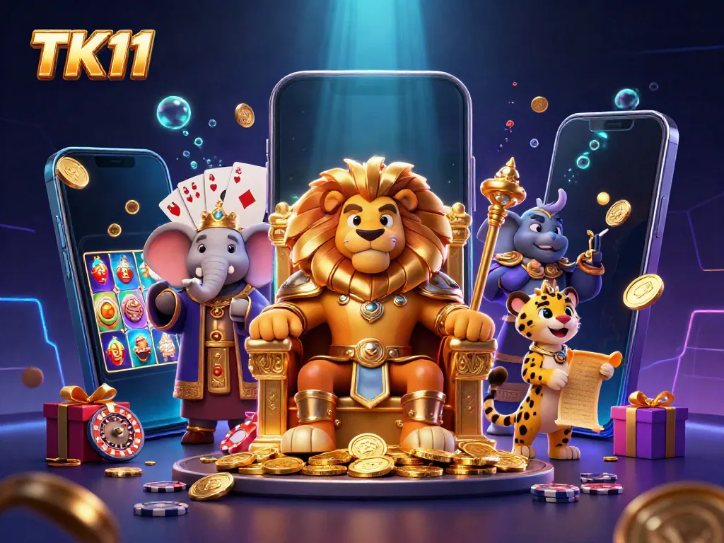 Engage with TK11's vibrant casino universe featuring a lion king, advising elephant, and a swift cheetah.