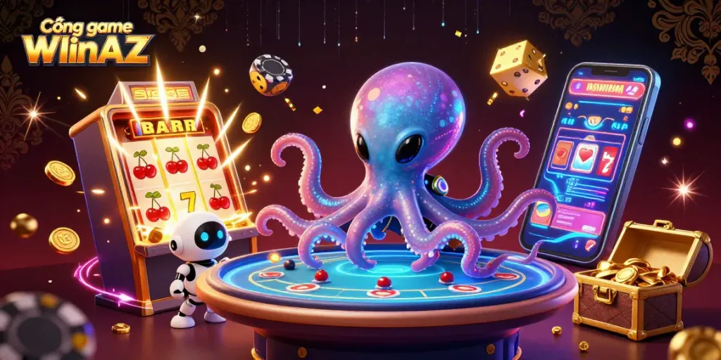 Engage with Cổng game WIinAZ in this dynamic 3D casino scene featuring vibrant alien characters and gaming elements.