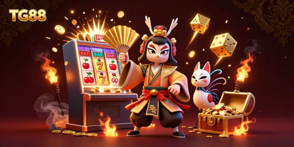 Win big with TG88 in this vibrant 3D casino scene featuring a kabuki warrior and thrilling jackpots.