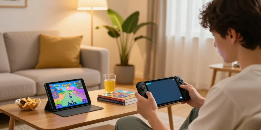 Engaged player enjoying yono games in a cozy living room setting with vibrant gameplay.