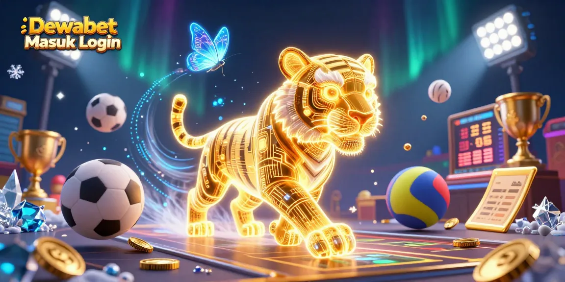 Dewabet Masuk Login showcases a vibrant digital casino scene with a glowing tiger and sports elements.