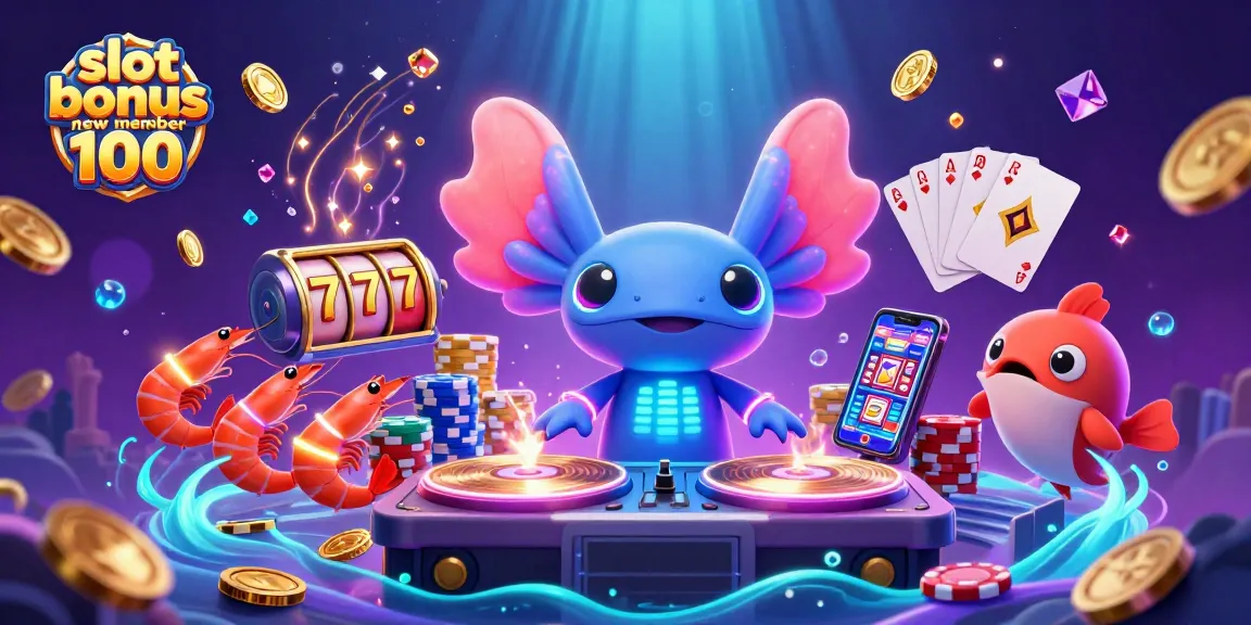 Experience the excitement of slot bonus new member 100 with vibrant 3D casino elements and characters.