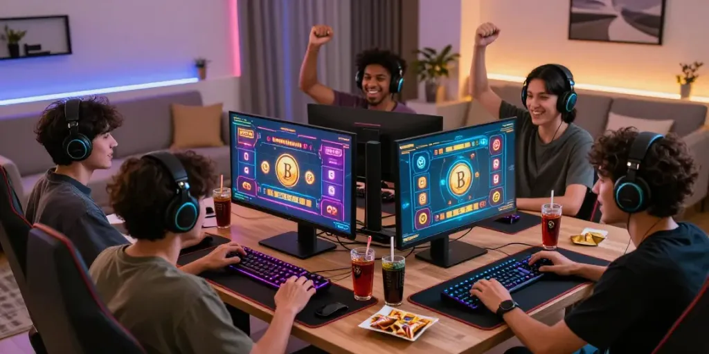 Exciting scene of friends celebrating a win while playing at a Crypto Casino, showcasing vibrant gaming setup and diverse atmosphere.
