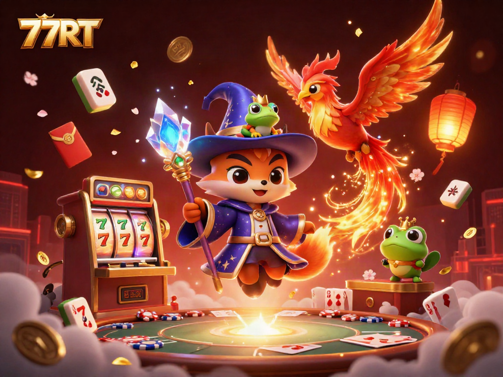 77RT features a mystical wizard fox and phoenix in a vibrant casino scene.